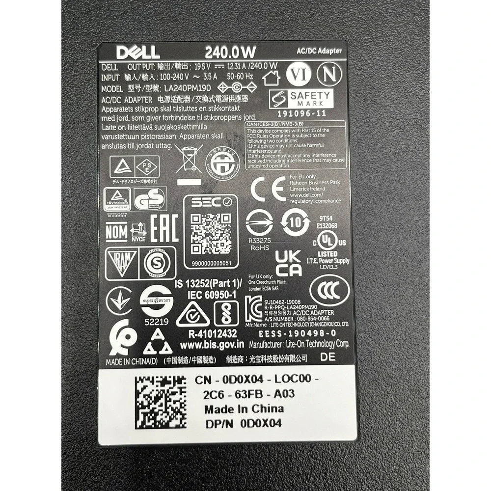 Dell 240W AC Adapter Charger 19.5V 12.31A LA240PM190 0D0X04 Precision Alienware